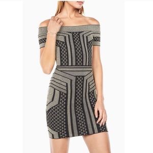 BCBG Maxazria Arya Off the Shoulder Metallic Dress
